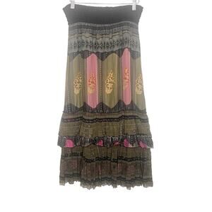 Vintage Free People Silk Tiered Long Skirt Women’s Sz XS Multicolor Green Black